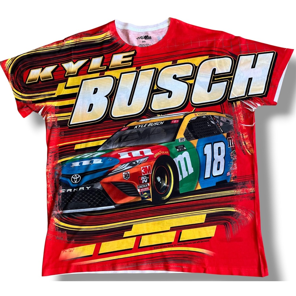 Joe Gibbs Racing Kyle Busch 18 M&Ms NASCAR T-Shirt Mens 2XL Red All Over Print